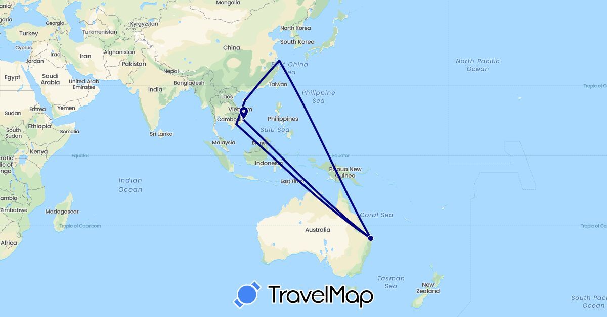 TravelMap itinerary: driving in Australia, China, Singapore, Thailand, Vietnam (Asia, Oceania)